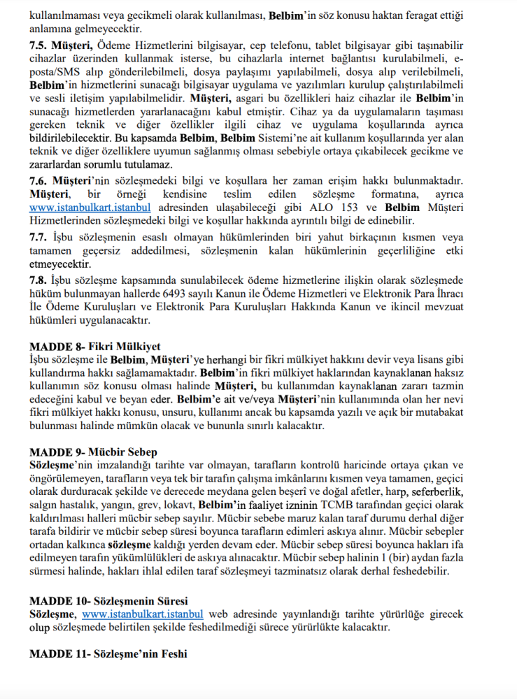 istanbulkart kullanim sozlemesi yenilendi mi yeni sozlesmede hangi maddeler guncellendi ne zaman yururluge girecek